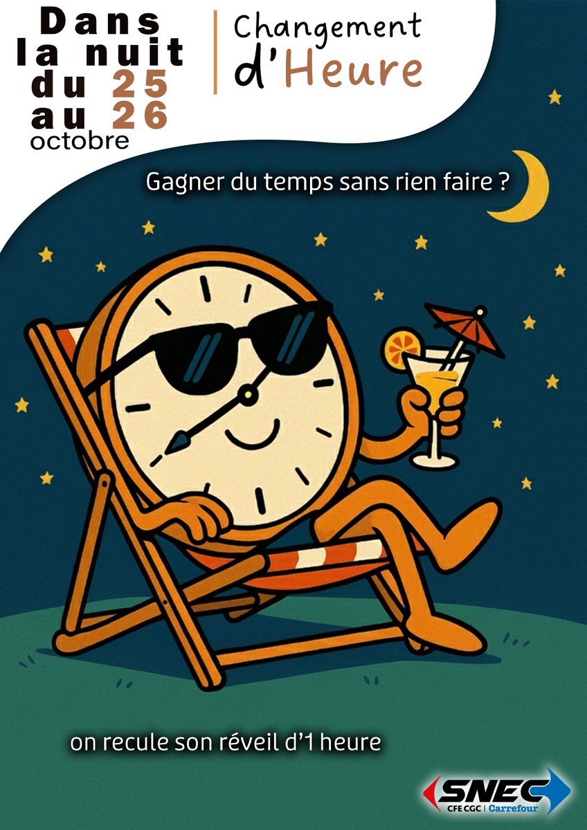 ⏰ Ce week-end, l’heure change !
Bonne nouvelle : une heure de sommeil gagnée pour tout le monde 😴✨
N’oubliez pas de mettre vos réveils à jour 🔁