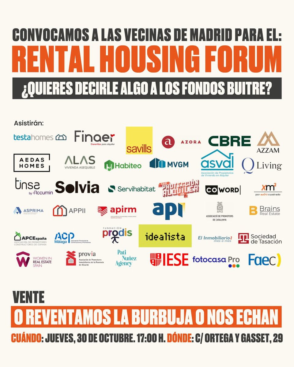 Los fondos buitre se van a reunir en Madrid.

plannerexhibitions.com/rental/

Convocamos a todas las vecinas de Madrid:

📅  Jueves 30 de octubre
🕓  17:00
📍 Calle José Ortega y Gasset 29, en pleno barrio Salamanca.

O reventamos la burbuja o nos echan.