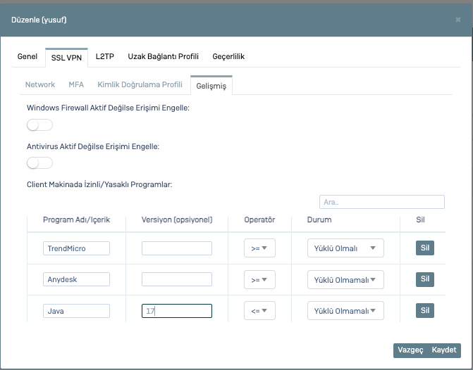 Poniva Firewall’da Yeni Özellik: SSLVPN Bağlantılarında Uygulama Kontrolü!

Kullanıcılarınız SSLVPN ile kuruma bağlanmak istediğinde artık hangi programların yüklü olmasını istediğinizi veya kesinlikle bulunmamasını istediğinizi tanımlayabiliyorsunuz.

Ayrıca;

Windows'ta
