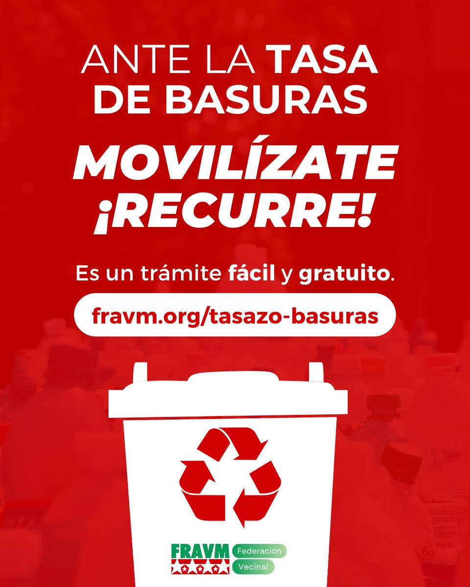 ‼️RECURRE tu #TasaBasuras en Madrid‼️

Desde la Federación Vecinal te animamos a presentar un recurso de reposición, un trámite administrativo fácil y gratuito.

❓¿Quieres saber cómo hacerlo? En esta página te dejamos modelos y toda la información 
👉fravm.org/tasazo-basuras👈