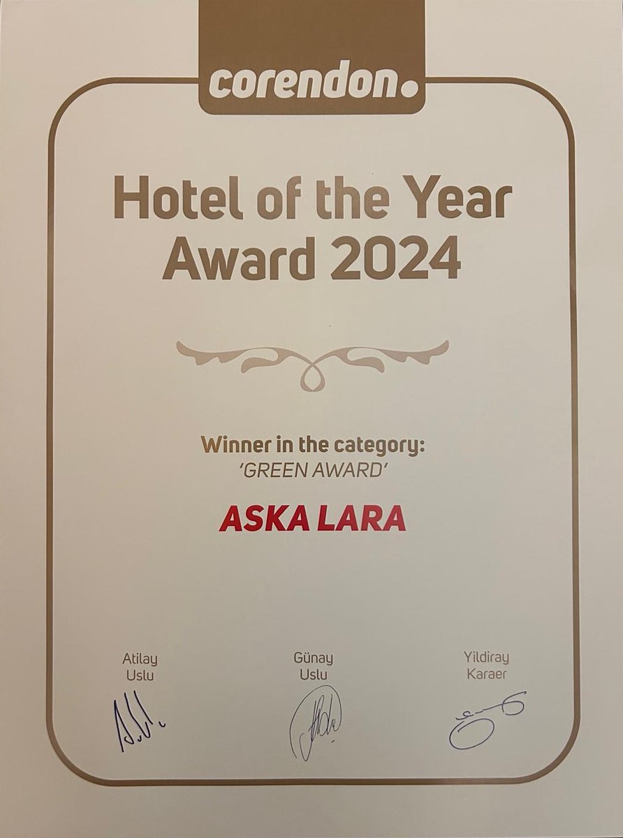 "Corendon 2024 Yılın Oteli" ödülünü kazandığımız için büyük bir gurur ve onur duyuyoruz! 🎉 Misafirlerimizin ve acente partnerlerimizin desteği ve güveni, bizim için tarifsiz bir değere sahip. Bu prestijli ödülün gerçeğe dönüşmesini sağlayan, kıymetli misafirlerimize ve değerli