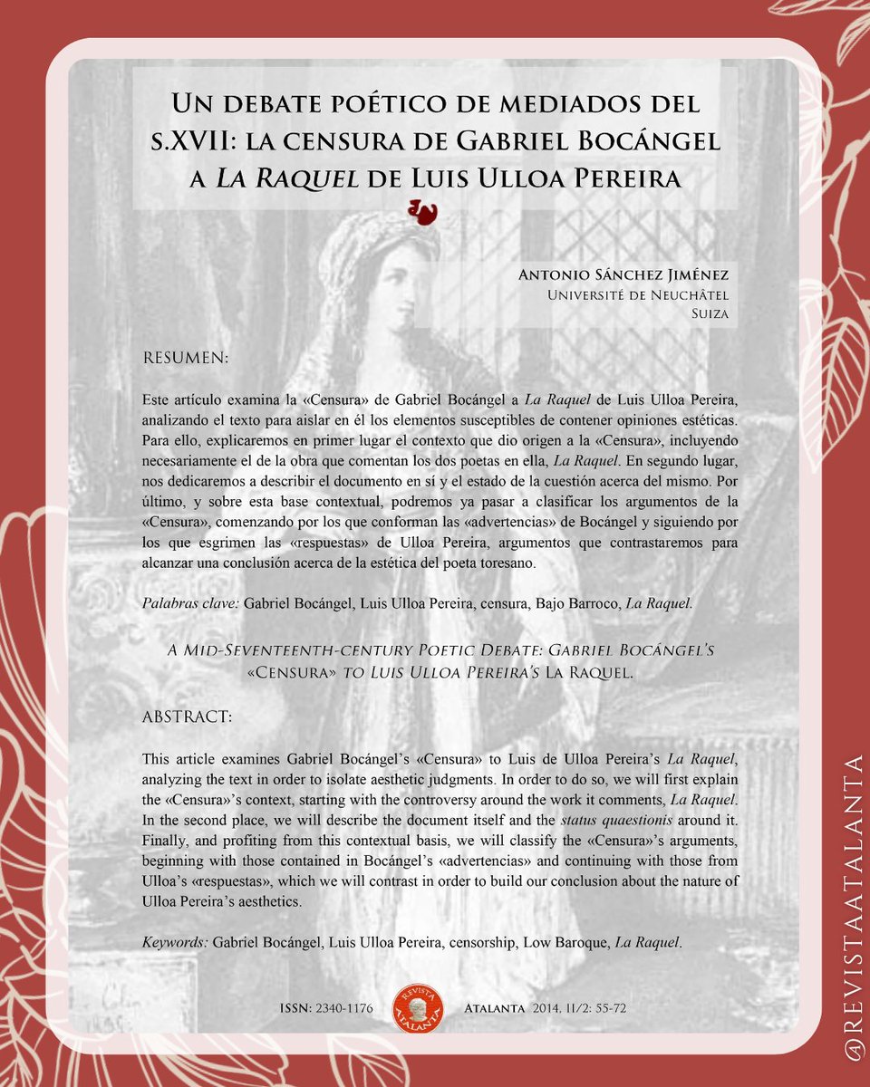 Más información sobre Bocángel y sus textos en Antonio Sánchez Jiménez, «Un debate poético de mediados del siglo XVII: la censura de Gabriel Bocángel a La Raquel de Luis Ulloa Pereira», Atalanta. Revista de las Letras Barrocas: Vol. 2 Núm. 2 (2014).

revistaatalanta.com/index.php/ARLB…