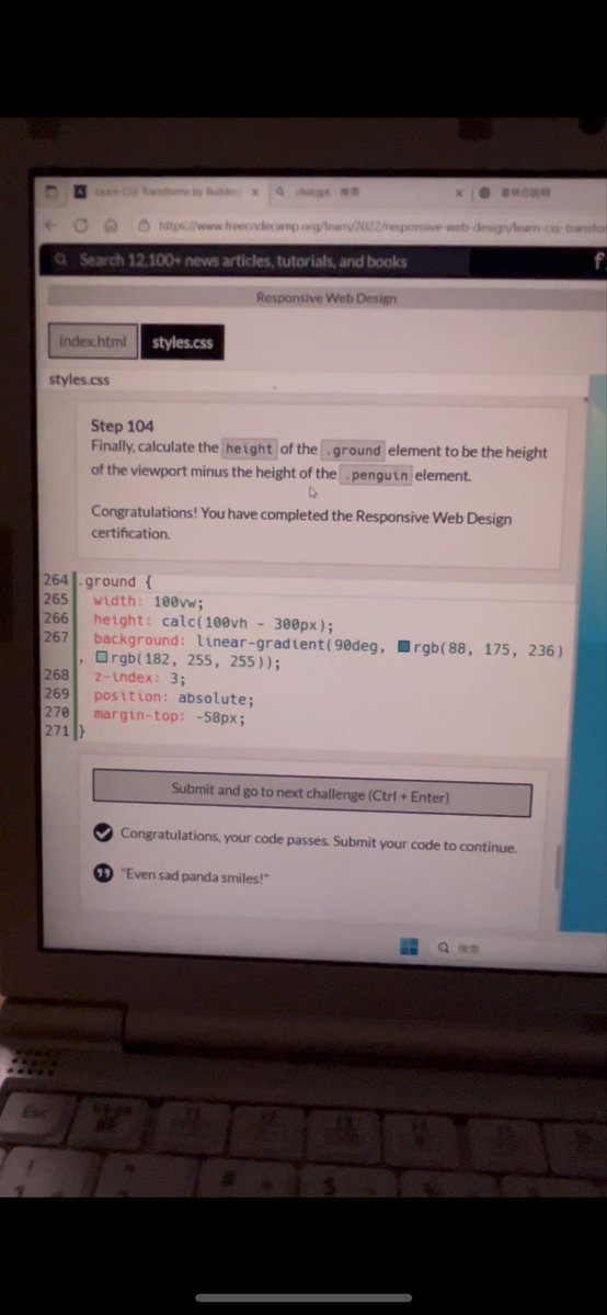 Himawarico29461's tweet image. やっとfreeCodeCampでのHTML/CSSの基礎を終えた!🐧
オリジナルwebサイトを作って復習しながらJavaScript の勉強も始めるぞ〜!