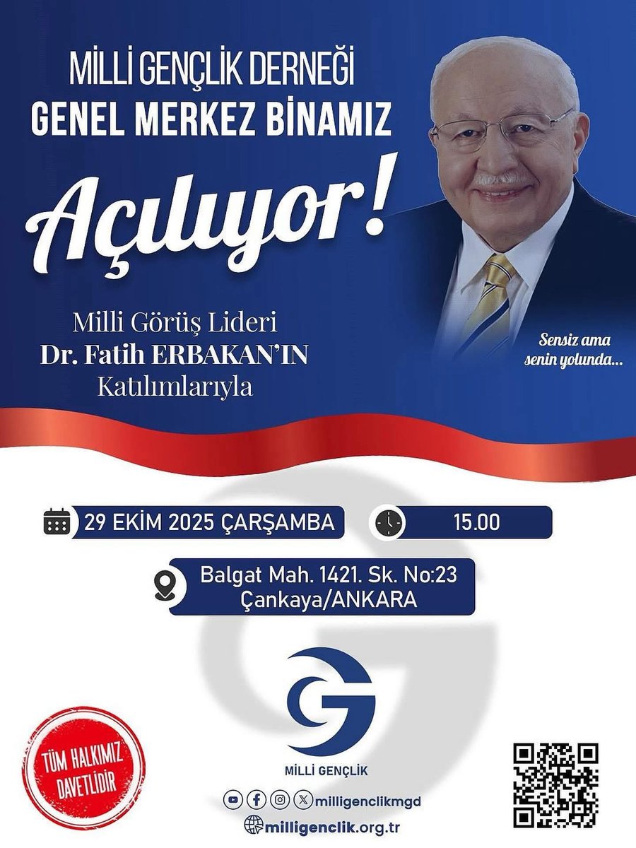 Milli Görüş Lideri Dr. Fatih Erbakan’ın katılımlarıyla,
29 Ekim Çarşamba günü saat 15.00’te gerçekleşecek bu tarihi açılışa tüm halkımız davetlidir.

📍 Milli Gençlik Derneği Genel Merkezi
🗓️ 29 Ekim Çarşamba | ⏰ 15.00