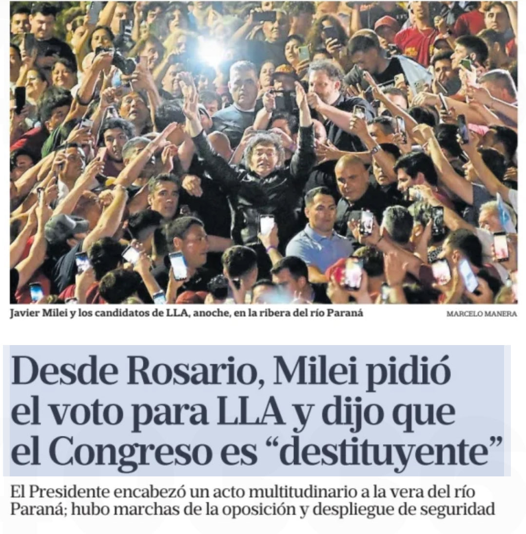 MILEI VA POR EL CIERRE DEL CONGRESO

Al terminar la campaña, Milei dijo que el Congreso "es destituyente". El domingo se elegirán diputados y senadores para el Congreso que el Presidente intentará cerrar. No tratarán el Presupuesto 2026; luego irán por la clausura del Congreso.