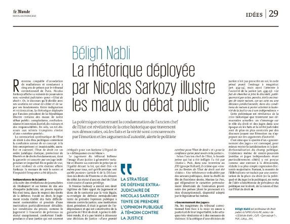 ⭕️ Béligh Nabli : « La rhétorique déployée par N. #Sarkozy illustre les maux du débat public : complotisme, confusionnisme et inversion des valeurs »