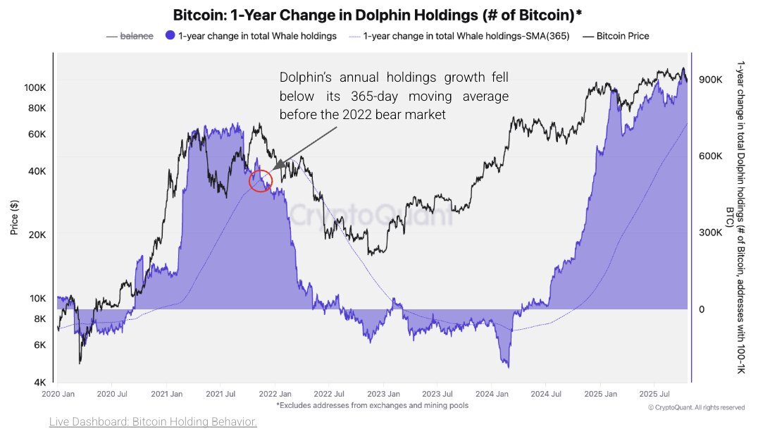 coinbureau's tweet image. 🚨BULL CYCLE NOT OVER YET!

As per CryptoQuant, Dolphin wallets (100–1K BTC) are still accumulating above their 1-year average — unlike the 2021 top. ETF and treasury demand remain strong.