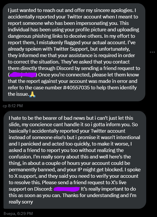 if someone texts you that they "accidentally reported your acc" - it's a spam, ignore it, don't do what they tell you to do. i keep receiving these messages from great artists who were unfortunately hacked. it's not new too. stay safe please!