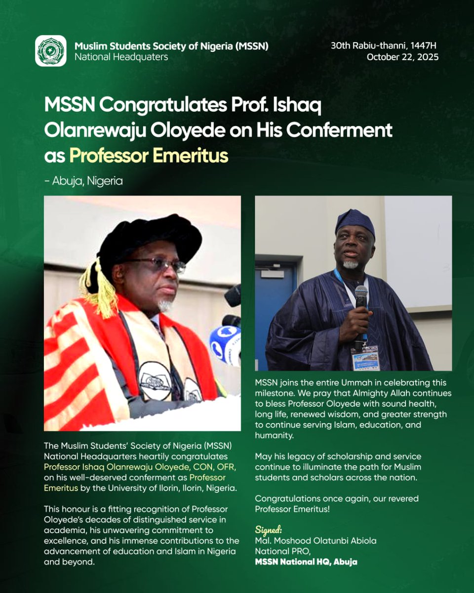 MSSN LAGOS Congratulates our father and teacher, Prof. Ishaq Oloyede on the conferment of Emeritus Professor on him yesterday by the Senate of University of Ilorin. 

This is award is a testament to his dedication academic research and development. Baarakallahu fih Sir.