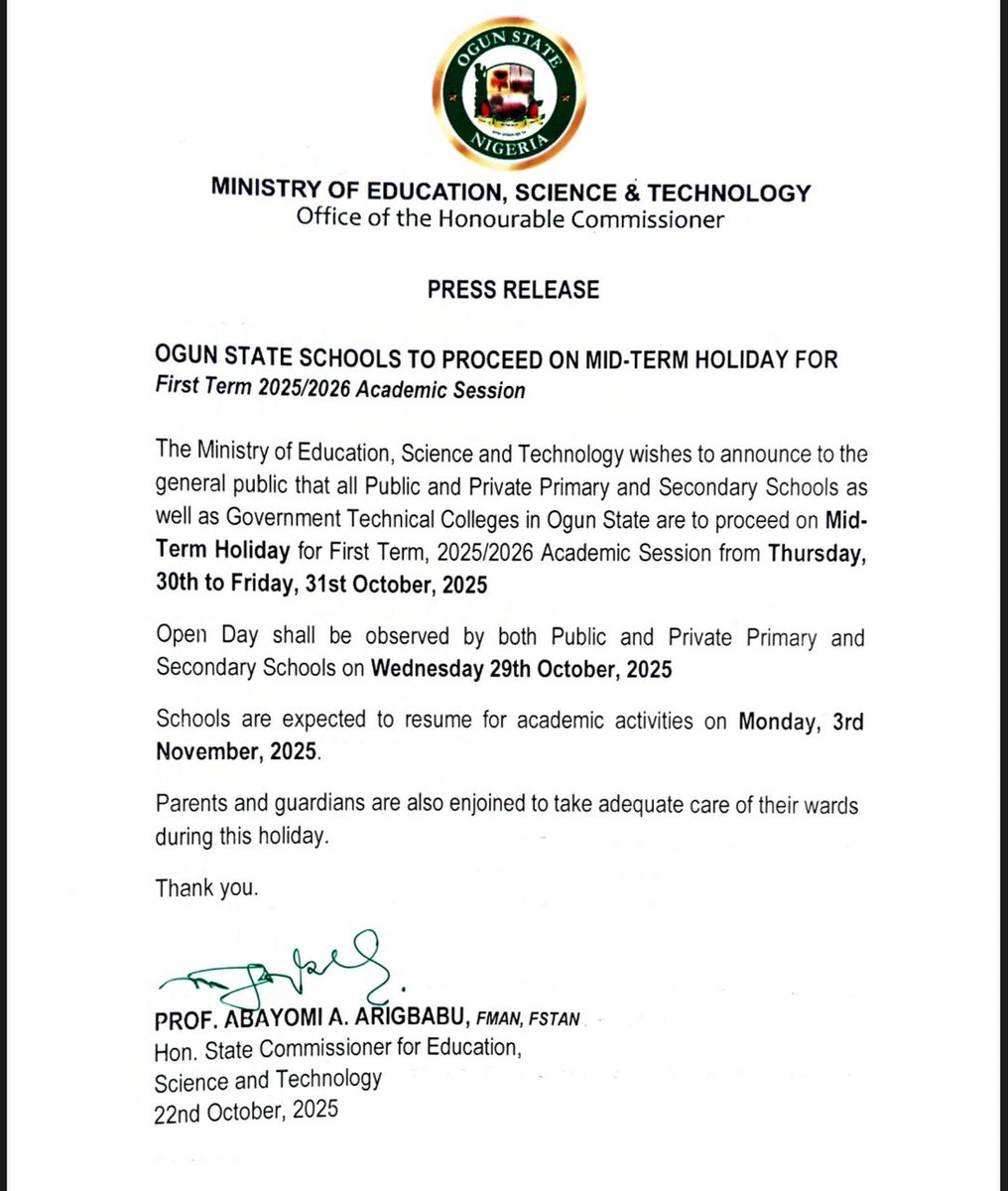 OGSERA's tweet image. 𝗢𝗴𝘂𝗻 𝗦𝘁𝗮𝘁𝗲 𝗦𝗰𝗵𝗼𝗼𝗹𝘀 𝗼𝗻 𝗠𝗶𝗱-𝗧𝗲𝗿𝗺 𝗕𝗿𝗲𝗮𝗸 

#OgunEducation #OgunState #MoEST #DiPER #EducationUpdate #AcademicCalendar #MidTermBreak #EdTech #OgunSchools