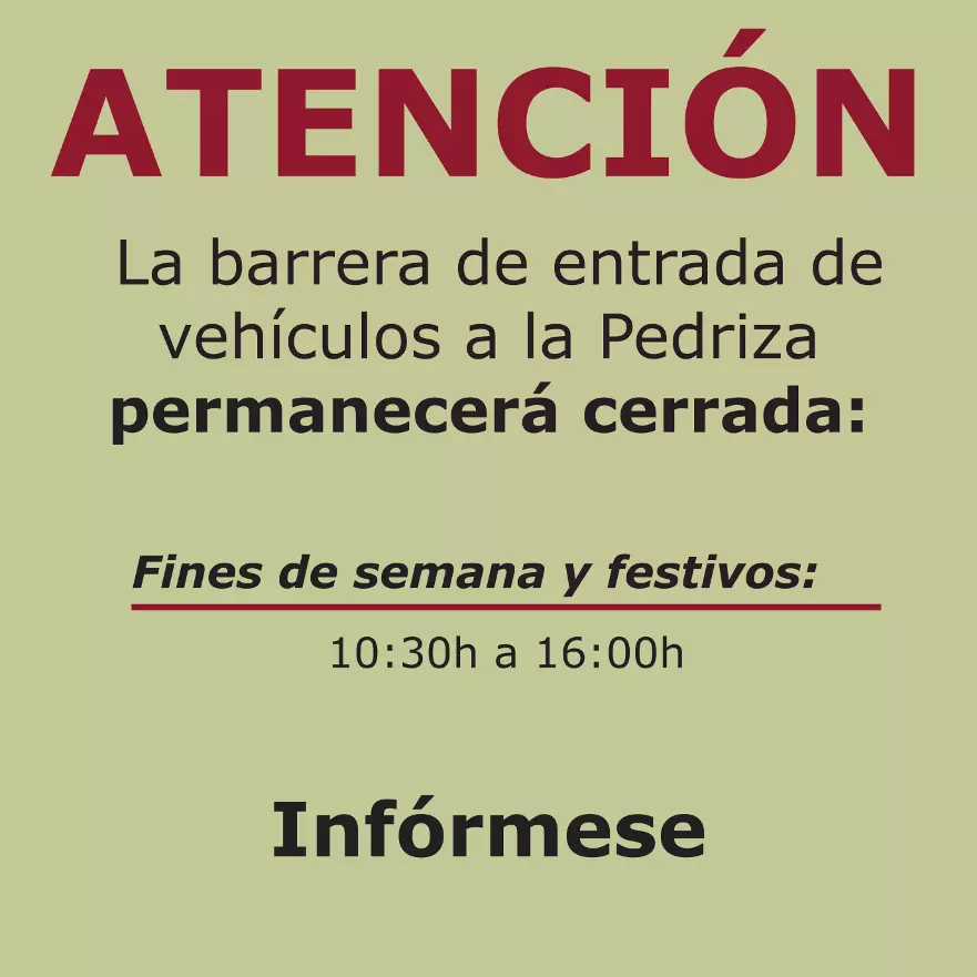 PN_Guadarrama's tweet photo. Regulación de acceso a La Pedriza: invierno

Los fines de semana y festivos, la barrera de entrada a La Pedriza, se cierra de 10:30h a 16:00h (abierta siempre que no se alcance el cupo)

Más info: https://t.co/2oOfg8xTrU https://t.co/cwPckA86LD