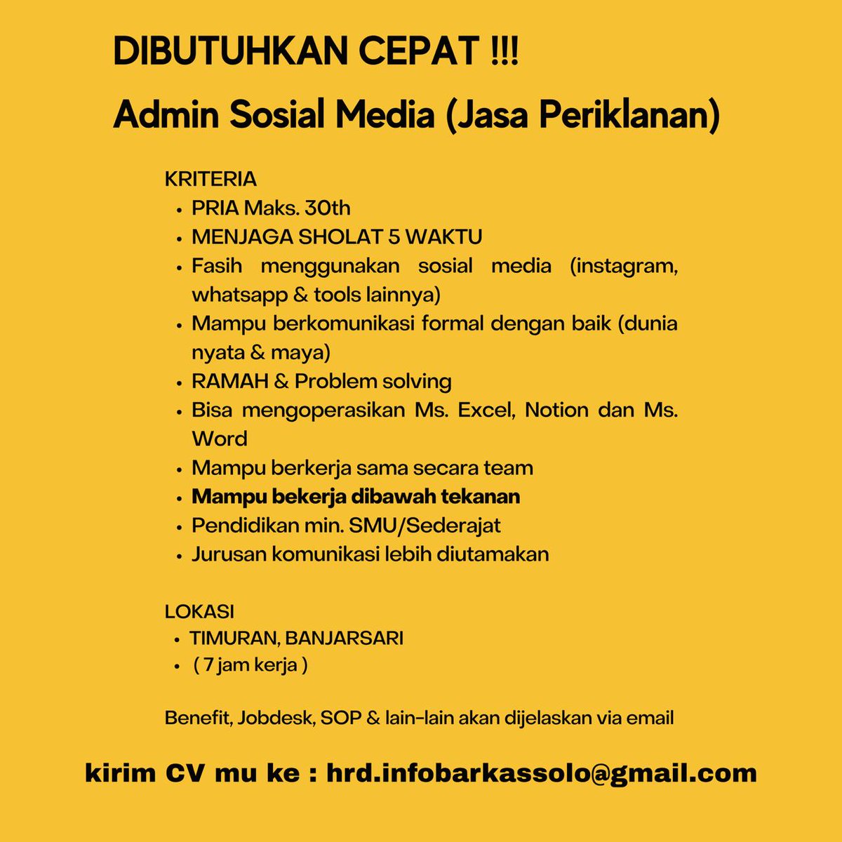lokersoloraya's tweet image. 📢 DIBUTUHKAN SEGERA!
Posisi: Admin Sosial Media (Jasa Periklanan)

Kirim CV ke: hrd.infobarkassolo@gmail.com

#LowonganKerja #LokerSolo #LokerAdmin #AdminSosialMedia #LokerBanjarsari #KarierSolo #JobVacancy #LokerTerbaru #LowonganMarketing #KerjaSolo #InfoLokerSolo