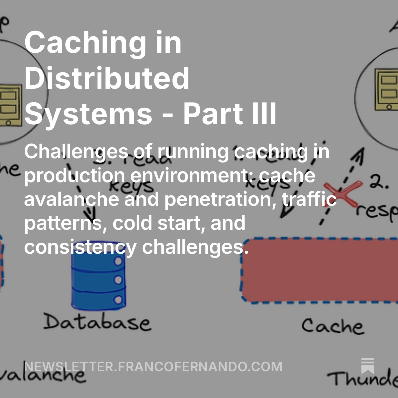 EngPolymathic's tweet image. The 145th issue of the Polymathic Engineer is out. 

This week, we talk about the challenges of running caching in a production environment:

- Cache Avalanche and Thundering Herd

- Cache Penetration

- Traffic Pattern Issues

- Large Key

- Cold Start

francofernando.substack.com/p/caching-in-d…
