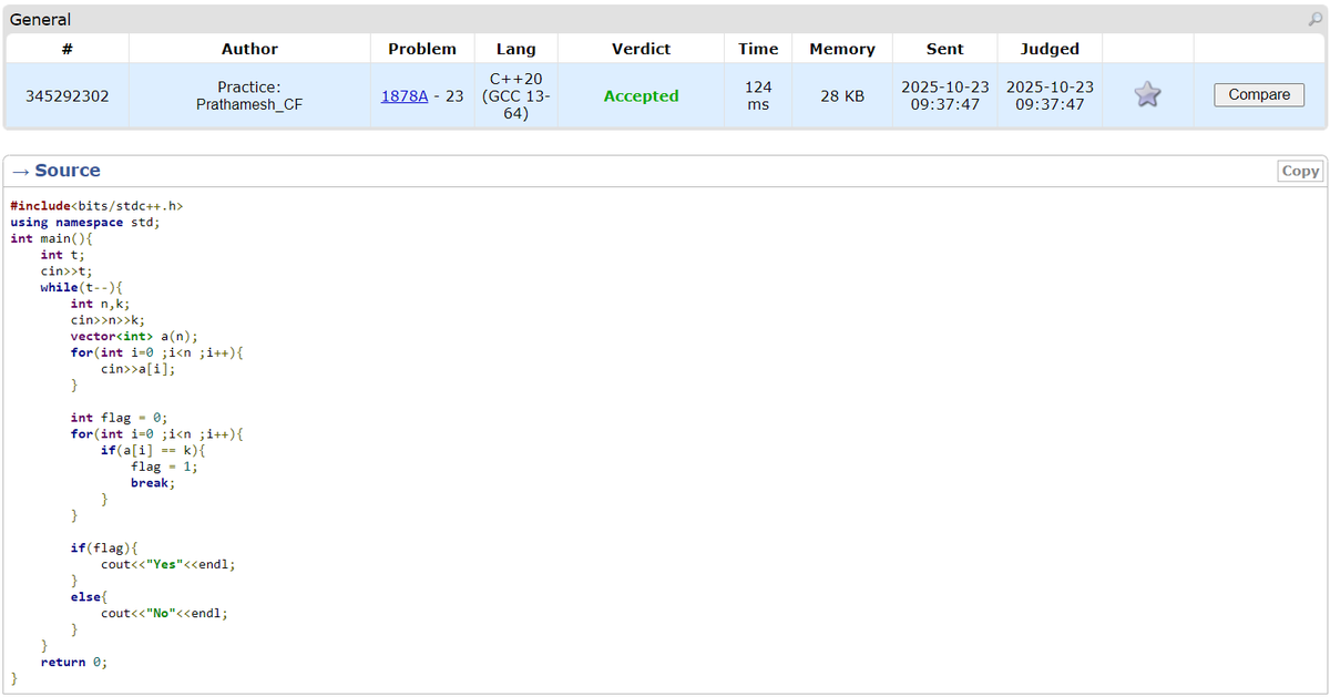 PrathameshJan20's tweet image. 8. How Much Does Daytona Cost?
Rating : 800
Linear Search is enough to solve this problem.
Problem Link :
codeforces.com/problemset/pro…
#DSA #Codeforces #CodingJourney #LeetCode #LearnInPublic #100daysOfCode