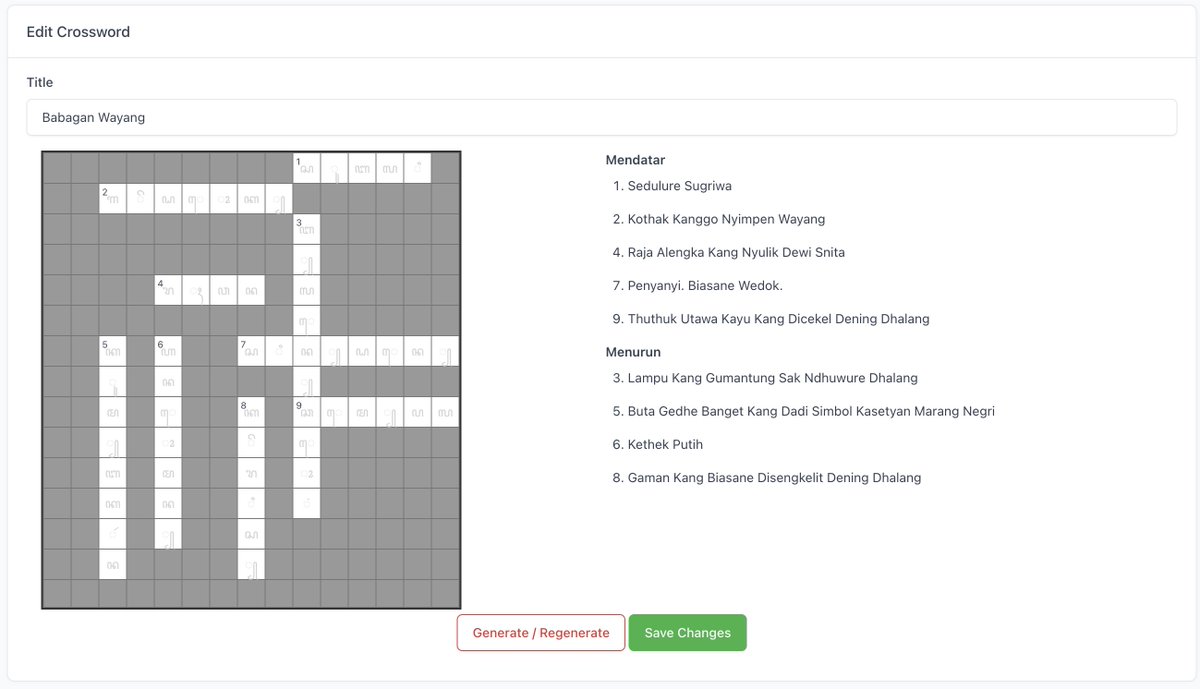 lantip's tweet image. progress sampai saat ini. di laman edit, bisa regenerate utk susun ulang tts dr wordlist yg diinput.
konsepnya: membentuk mental mind (atau apa namanya) bahwa tampilan visual aksara jawa itu sebenarnya terdiri dari sekian karakter.
madhang bukan 7 karakter, tp ꦩ ꦝ dan ꦁ
