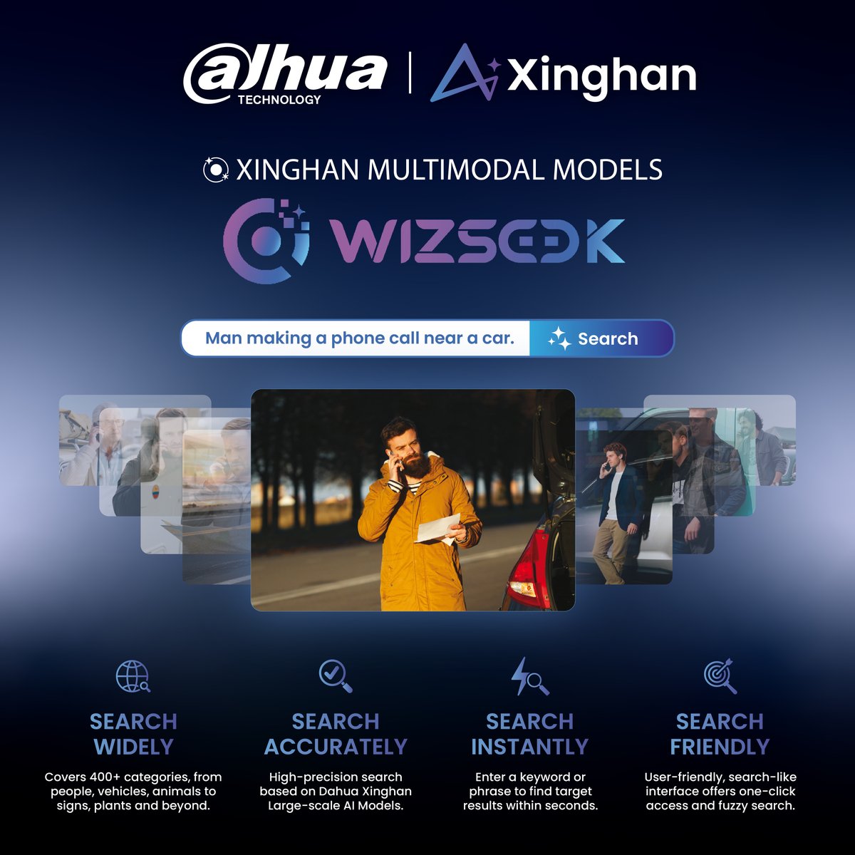 DAHUA_UK's tweet image. WizSeek: Search video instantly! Xinghan Multimodal AI lets you find targets (400+ categories) in seconds using a keyword or phrase, like "Man making a phone call next to a red car." 
tiny.cc/xinghanweb
#WizSeek #MultimodalAI #DahuaXinghan #VideoSearch