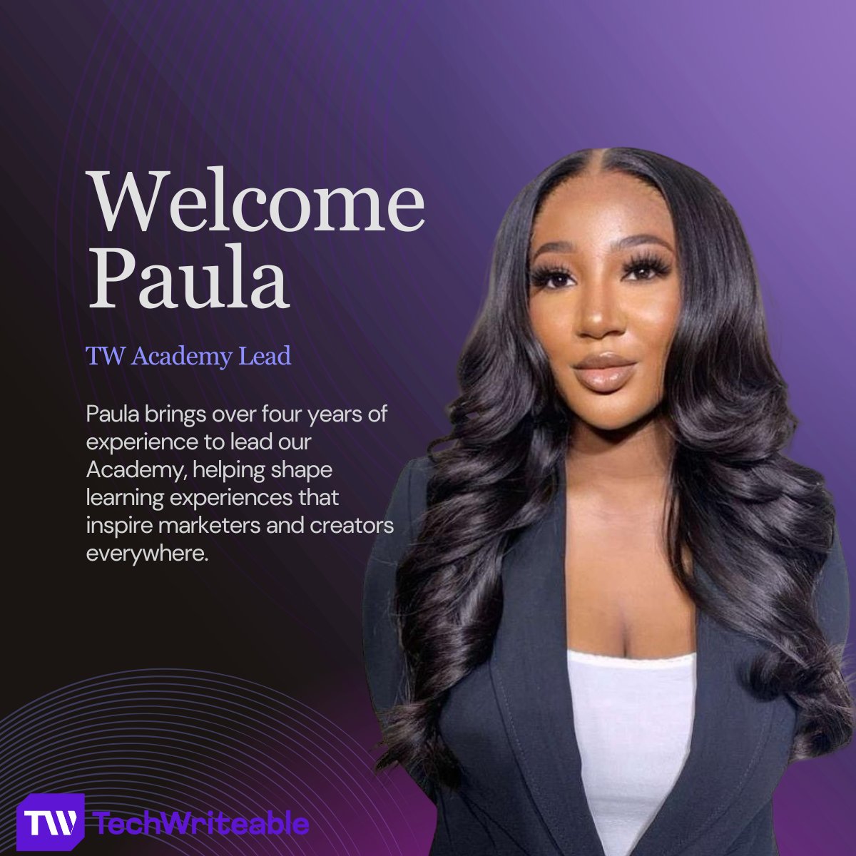 techwriteable's tweet image. We’re excited to welcome our new Academy Lead, Paula,  to TechWriteable! 💜
She’s a digital content and marketing specialist with extensive experience helping brands tell stories that attract, engage, and convert.
Big things are coming to TechWriteable Academy 👀 Are You Ready?