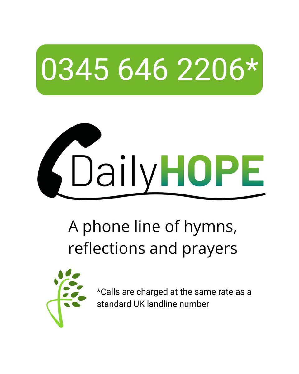 "Press Option 3 of our DailyHOPE phoneline, to hear daily devotions on 'Hope in the everyday things of life' brought to us by Ali Thornton-Dean from The Salvation Army 💚

📞 Call DailyHOPE on 0345 646 2206 to listen today.

#faithinlaterlife #DailyHOPE"