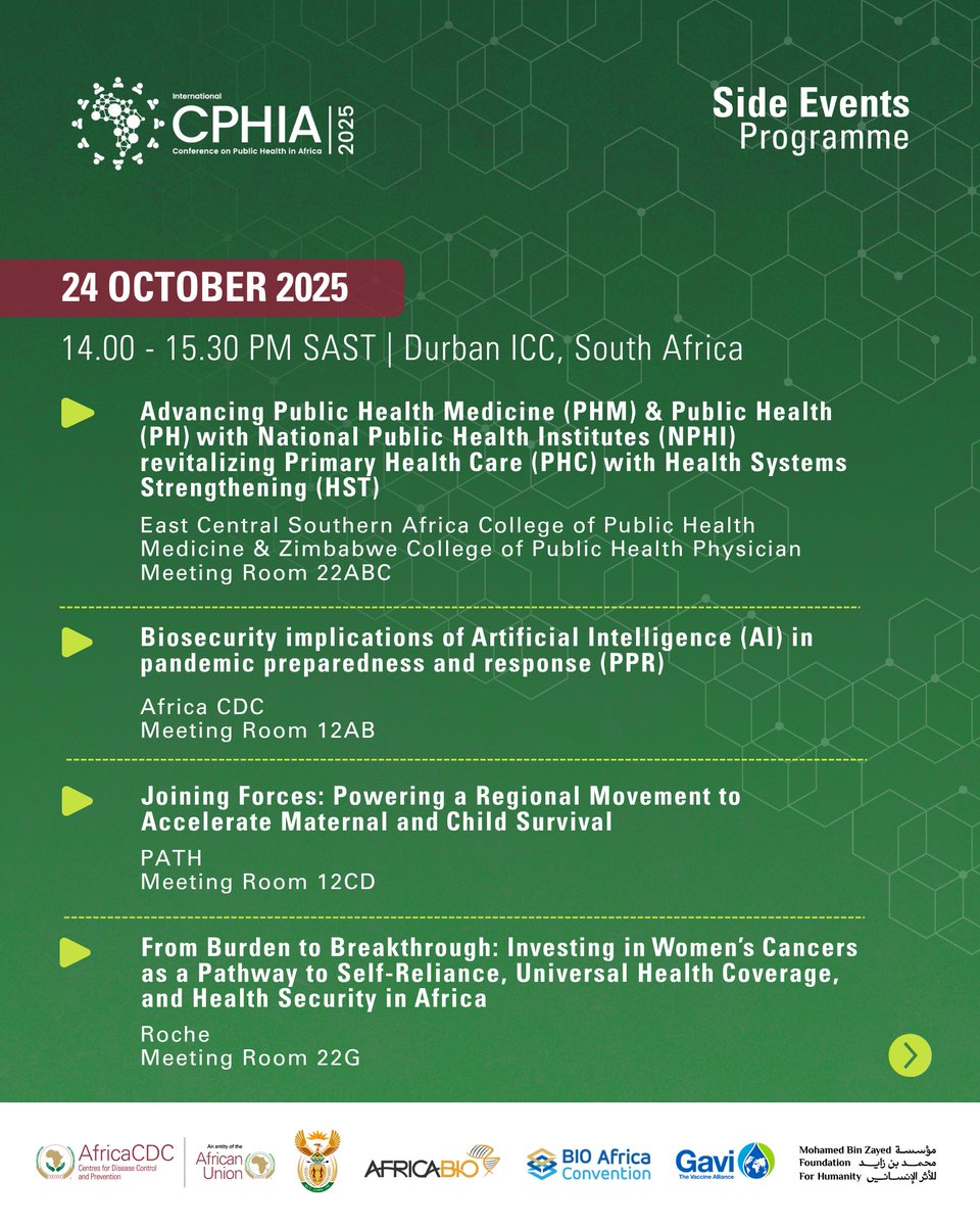 Day 3 at #CPHIA2025 is packed with powerful conversations shaping Africa’s health future!

From #MentalHealth and #ClimateResilience to #HealthFinancing, #LocalManufacturing, and #DigitalHealth, today’s side events highlight African-led solutions driving lasting change. 

📅 24