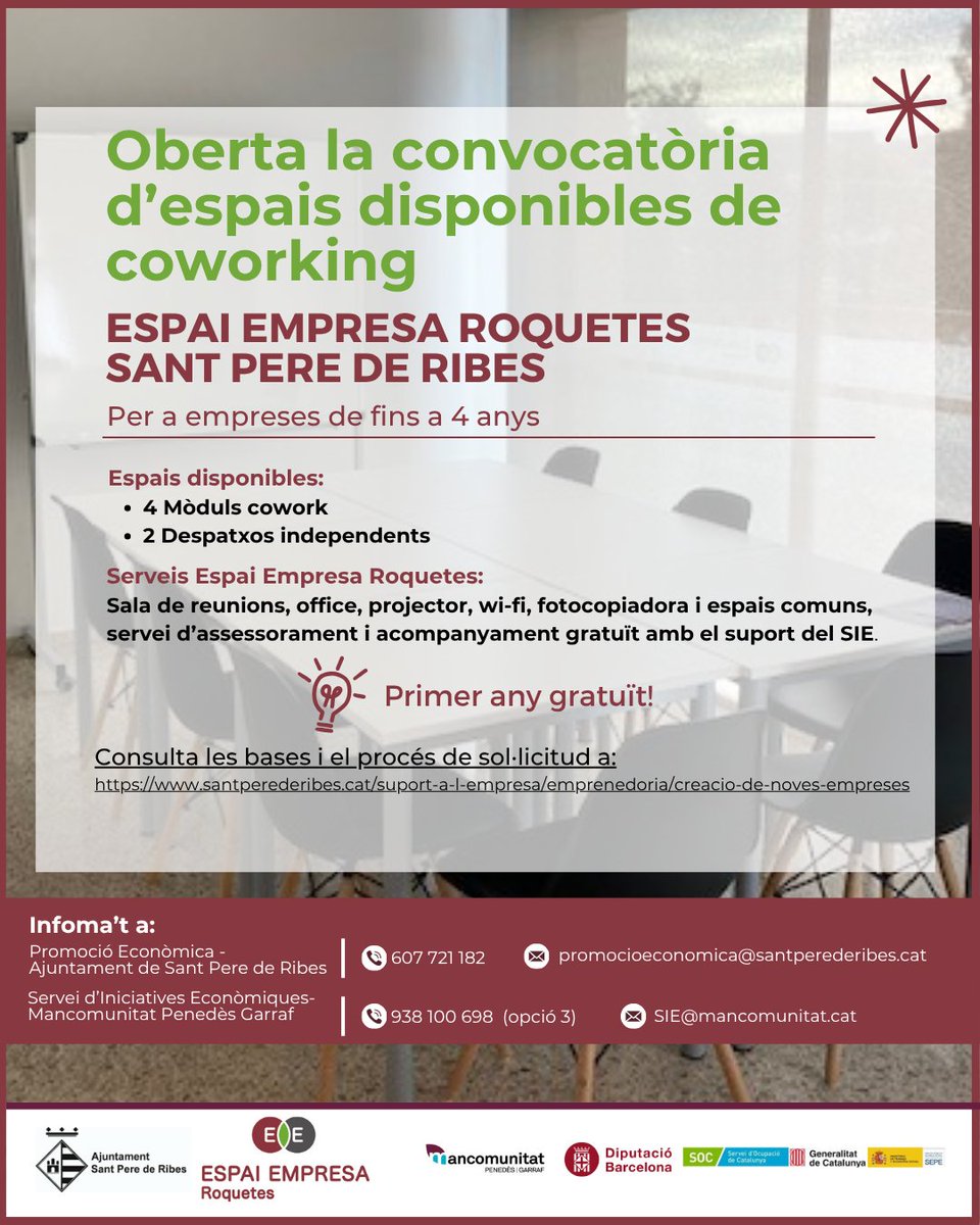 💼 ESPAI EMPRESA ROQUETES
Convocatòria oberta d'espais de coworking per a empreses de fins a 4 anys.
💡 Primer any gratuït!
ℹ️ santperederibes.cat/suport-a-l-emp…

📆 Termini: fins al 3 de novembre de 2025 o fins al 3 d'octubre de 2026, segons els espais a sol·licitar.

#SPRibes
1/3