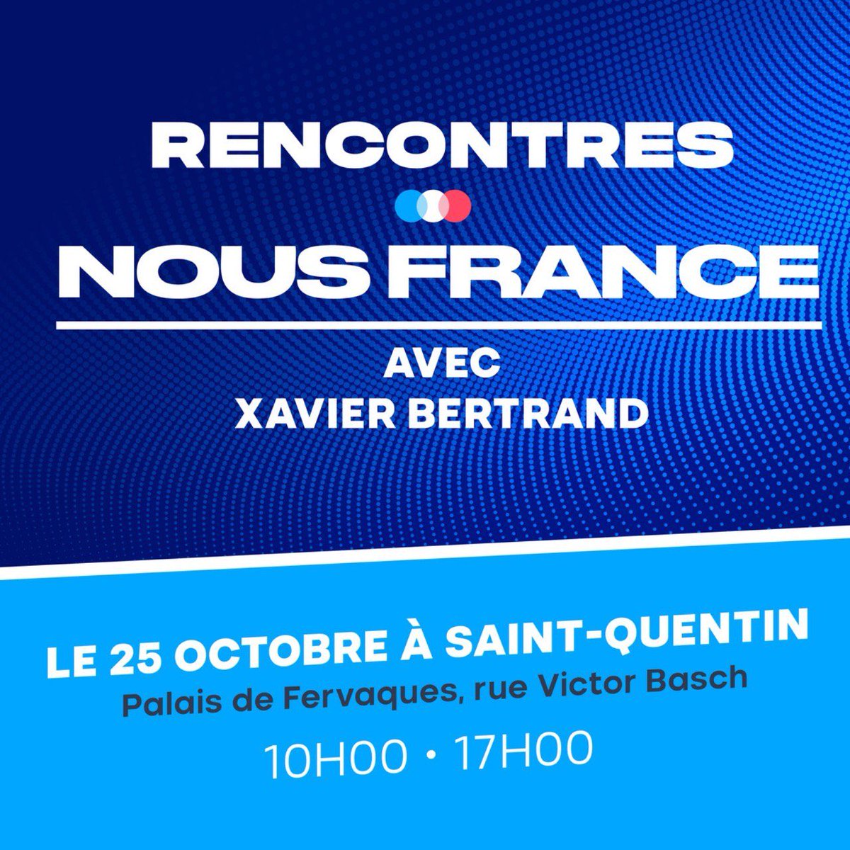 C’est demain !

On se retrouve demain dès 10h pour la journée Nous France à Saint-Quentin autour de <a href="/xavierbertrand/">Xavier Bertrand</a> ! 

Inscription : form.qomon.org/journee-nous-f…