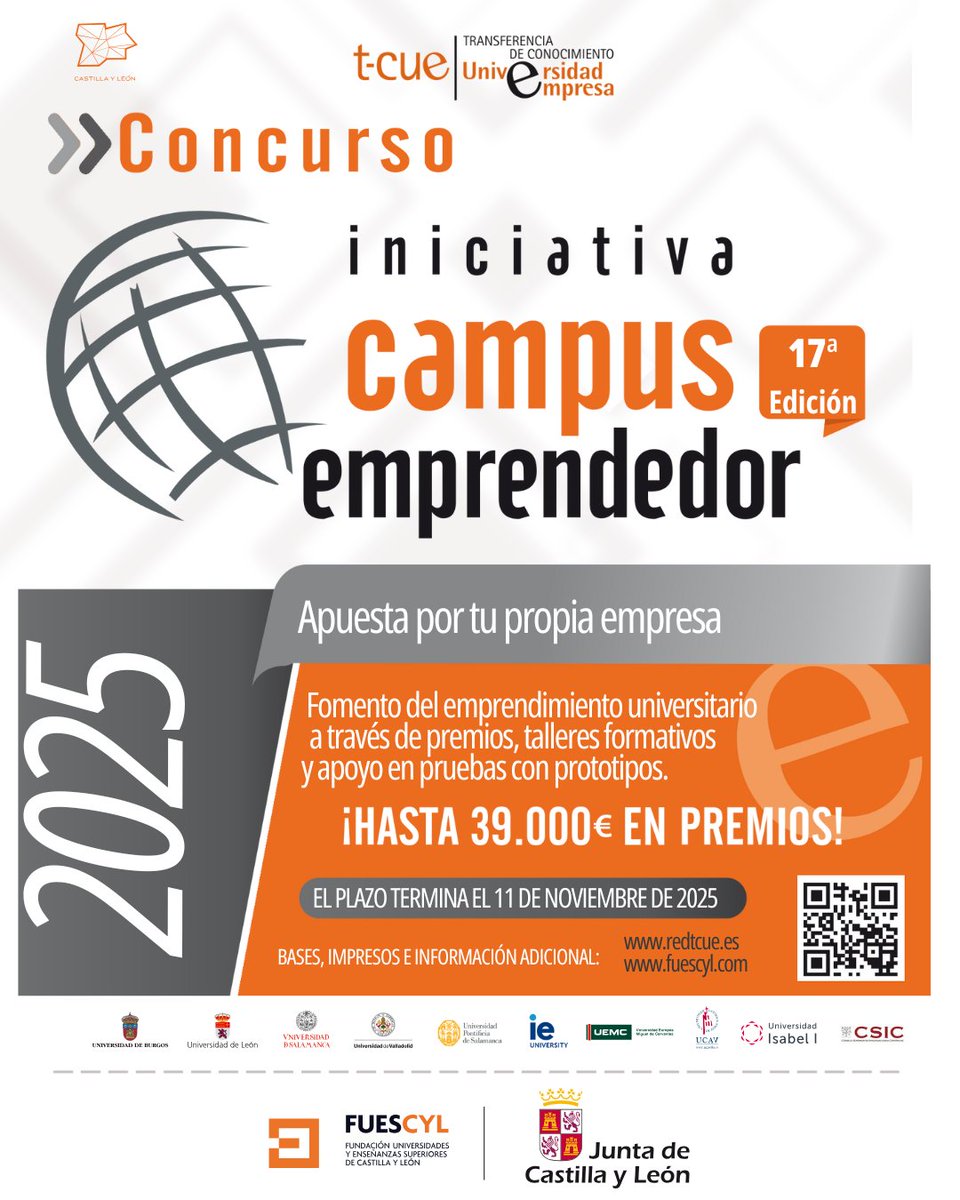 GITupsa's tweet image. 🏆¡Aún estás a tiempo de unirte a la Iniciativa Campus Emprendedor 2025! 

Tienes dos categorías en las que puedes participar #IdeaInnovadora de Negocio o Proyecto Empresarial. 

🗓️Plazo abierto hasta el 11/11/2025. 

🔗 redtcue.es/campus/campus-… 

@upsa  @Fuescyl   #TCUE