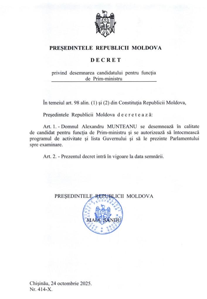 ⚡️President Maia Sandu has signed the decree appointing Alexandru Munteanu as Prime Minister of #Moldova.