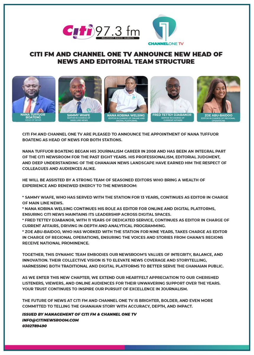 🚨Citi FM &amp; Channel One TV Announce New Head of News and Editorial Team Structure

#ChannelOneNews
#CitiNewsroom