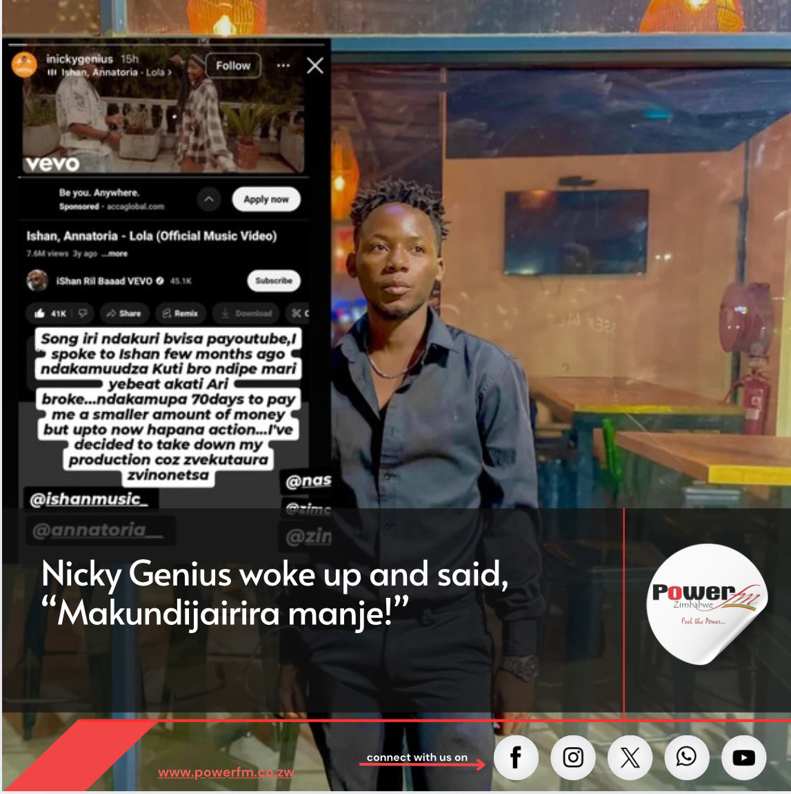 powerfmzimbabwe's tweet image. Seeing as the story was posted yesterday, we took the time to check out whether the video was still up on YouTube today and lo and behold, it still is.

The video which was released 3 years ago currently sits at 7.6 million views. Which leaves us wondering 🤔 did iShan finally…