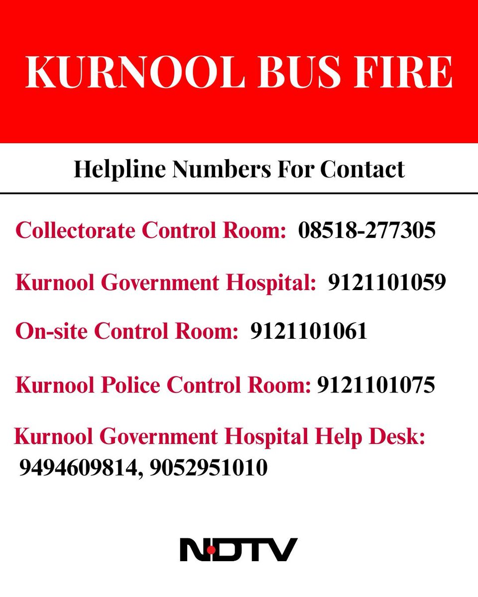 ndtv's tweet image. Bengaluru-Bound Bus With 40 Onboard Catches Fire After Hitting Bike, 19 Dead; Authorities Releases Helpline Numbers

#KurnoolBusFire #AndhraPradesh