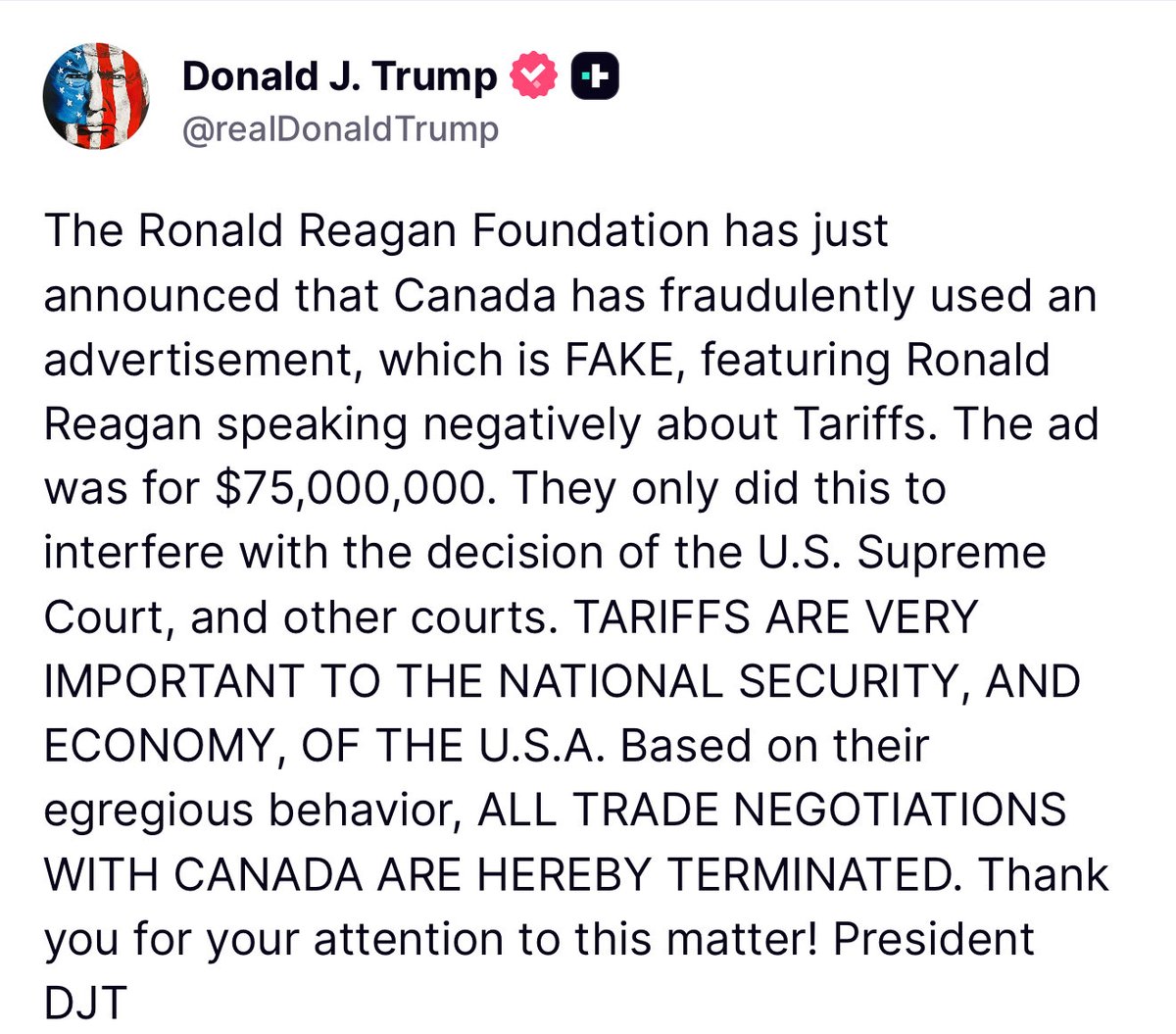EricLDaugh's tweet image. 🚨 WOW! Canada used a fake Ronald Reagan quote to run advertisements against President Trump’s tariffs — so 47 just terminated ALL trade negotiations.

Massive FAFO.

“The ad was for $75,000,000. They only did this to interfere with the decision of the U.S. Supreme Court, and…