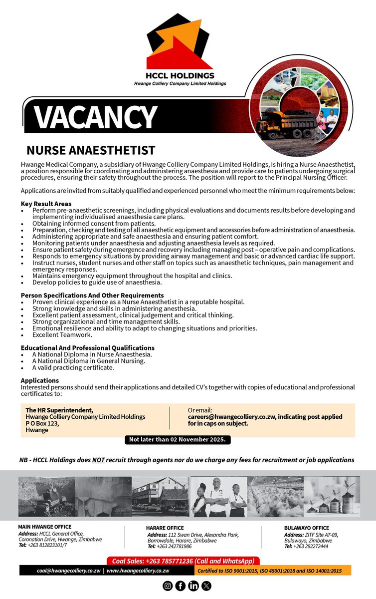 We’re hiring! 👩🏽‍⚕️

Join HCCL Holdings as a Nurse Anaesthetist-advancing safe and quality healthcare in Hwange.

📅 Apply by 2 Nov 2025 | 📧 

careers@hwangecolliery.co.zw