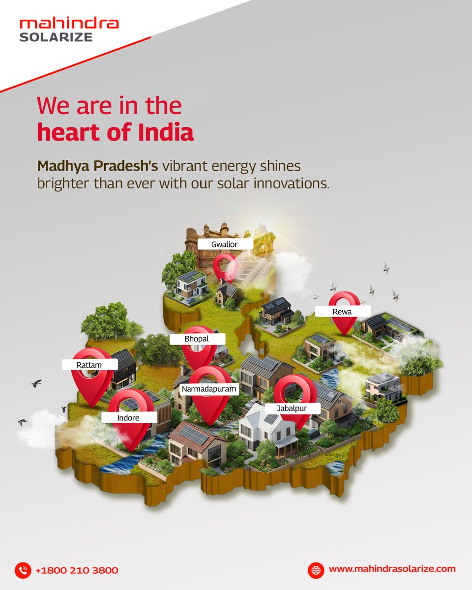 MSolarize's tweet image. As we expand our footprints,  our solar energy solutions bring light and sustainability to every corner of Madhya Pradesh. 

Toll Free No: 1800 210 3800 

Visit: mahindrasolarize.com 

#MahindraSolarize #PoweringFuture #SustainableEnergy #CleanEnergy #MadhyaPradesh