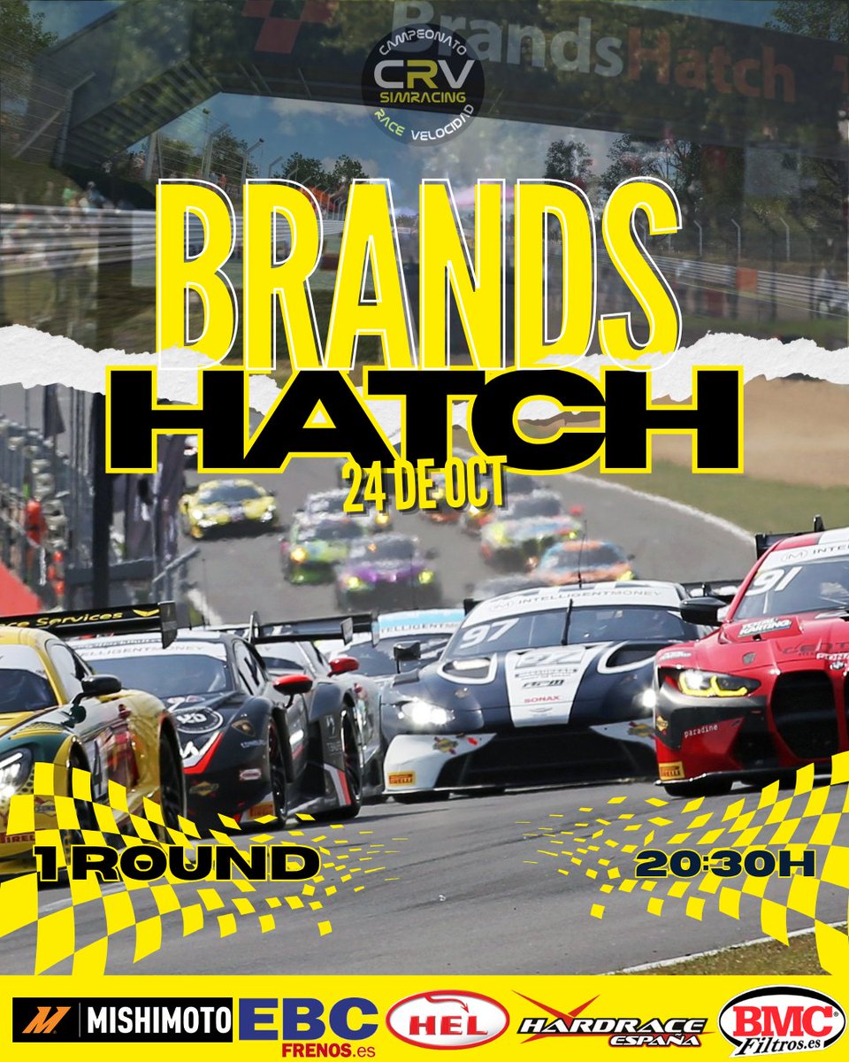 🔥 🔥 🔥
🟡 CAMPEONATO RACE💣 
└⚫️ 1 ROUND🎮
       └🟡 WE MAKE EXCITAMENT🏁
             └⚫️ BRANDS HATCH🛣 

20:30📺 twitch.tv/valientino91
21:30📺 twitch.tv/melogt_oficial

\#simracing \#crv \#campeonatorace \#gocrv \#wearecrv \#gt7
