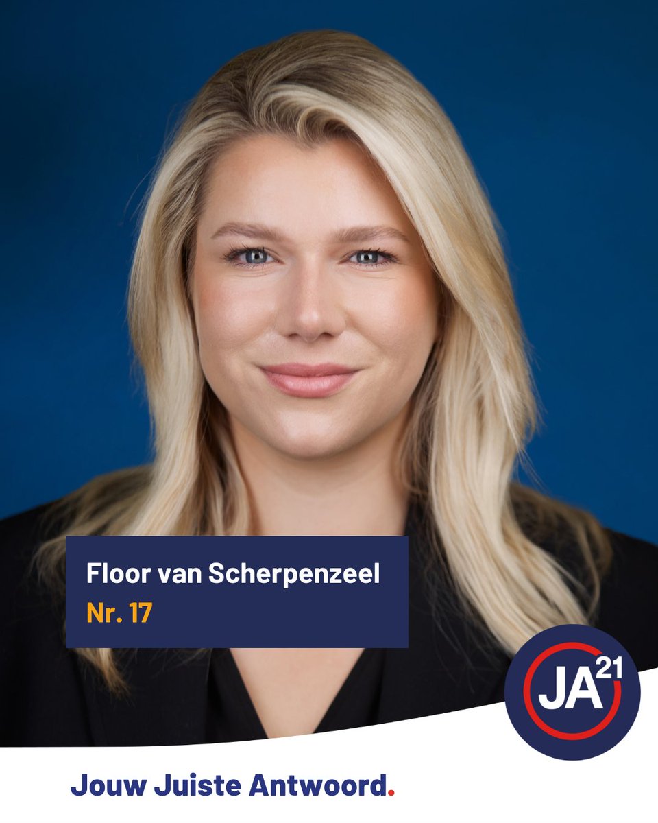 Ze komt uit Groningen en zet zich in voor Groningen 💙
Floor van Scherpenzeel (plek 17, JA21) wil een Nederland waarin we ons weer veilig voelen en trots durven zijn op wie we zijn.

🗳️ Stem 29 oktober op Floor! 🇳🇱