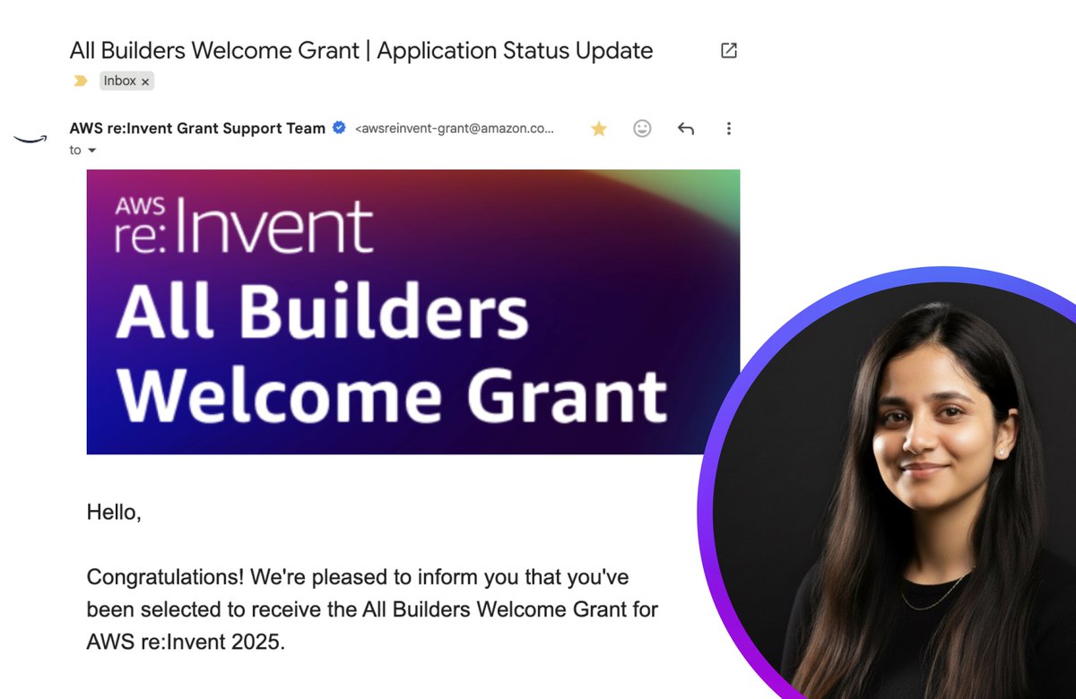 lassiecoder's tweet image. I’ve been selected for the All Builders Welcome Grant for AWS re:Invent 2025!

This isn’t just about attending a major tech event, it’s a reminder of all the small moments that make the builder journey special: community sessions, weekend meetups, shared learnings, and the people…