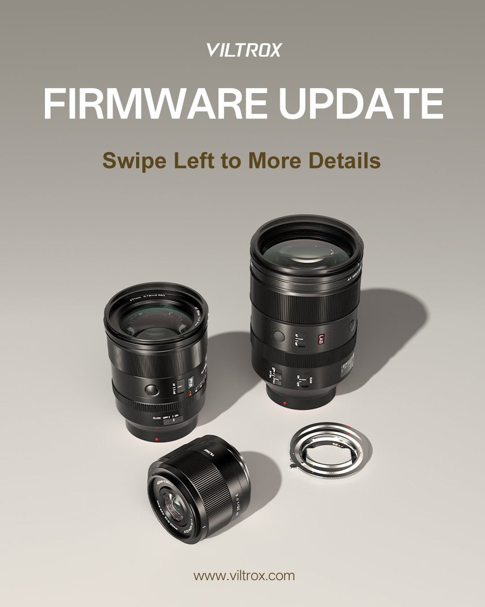 ViltroxOfficial's tweet image. #Firmwareupdate Viltrox Latest Firmware Update.
🔧AF 85mm F1.4 Pro FE  V1.06 
     1. Fixed known issues.  
🔧AF 135mm F1.8 LAB Z  V1.08 
     1. Fixed known issues. 
     2. Optimize lens stability.
📮 Viltrox Product Bug Feedback Channel comm.support@viltrox.com
