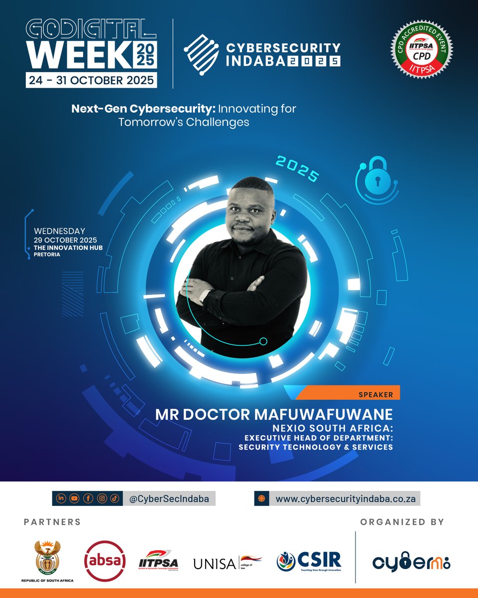 Speaker Announcement | #CybersecurityIndaba2025 🔒

We’re proud to welcome Mr Doctor Mafuwafuwane, Executive Head of Security Services at Nexio (a Vodacom Group company), to the Second Annual <a href="/CybersecIndaba/">Cybersecurity Indaba</a>.

#CybersecurityIndaba2025 #CybersecurityLeadership #DigitalTrust