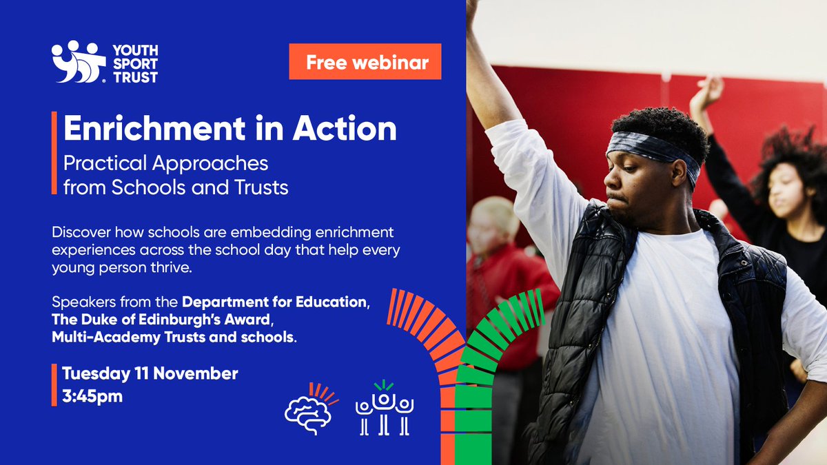 YouthSportTrust's tweet image. Don&apos;t miss out on our next webinar &apos;Enrichment in Action – Practical Approaches from Schools and Trusts&apos; 💻

Join us for a free webinar exploring how schools and trusts are developing and delivering enriching school sport experiences that help every young person thrive. 🙌

Once…