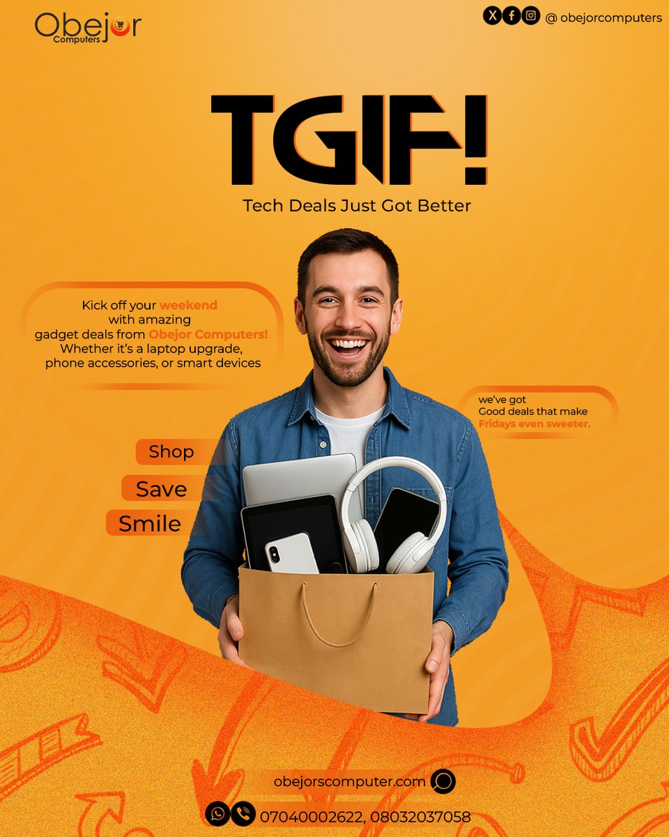 obejorcomputers's tweet image. Thank God it’s Friday! 

Unwind &amp;amp; treat yourself to the gadget you deserve 💻
Shop now @obejorcomputers latest tech deals waiting for you!

🛒 obejorcomputers.com | 📞 07040002622
#TGIF #ObejorComputers #FridayVibes #GadgetDeals #TechStoreLagos #IkejaComputerVillage
