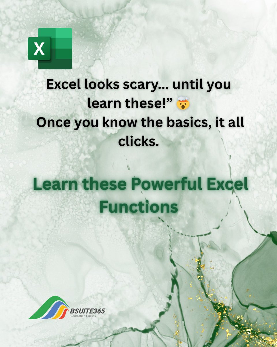 bsuite365's tweet photo. Excel isn’t scary once you know the tricks 👇
Master these powerful Excel functions and turn confusion into confidence!
#ExcelCharts #ExcelTraining #ExcelTips #DataVisualization #BSuite365 #ExcelTips #ExcelFormula #ExcelTutorial #LearnExcel #ExcelForBeginners #ExcelHacks https://t.co/b80A8rps1l