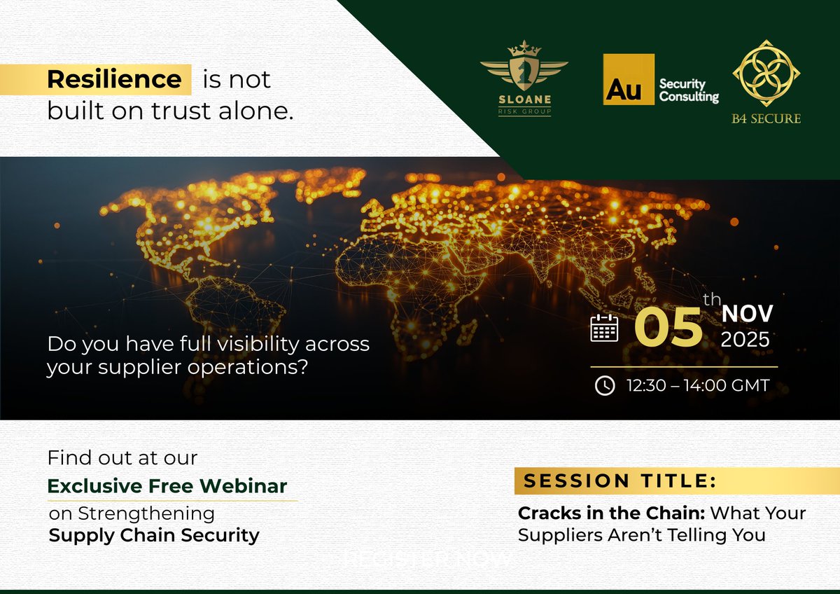 B4Secure's tweet photo. Join our upcoming #supplychain webinar featuring three leaders in #security &amp; #risk. They’ll share valuable insights on:

#Hiddenrisks in #suppliernetworks
Warning signs you can’t ignore
Steps to enhance #resilience in your supply chain

Register now: https://t.co/GbtUhFHEsI. https://t.co/REXYlGbb3P