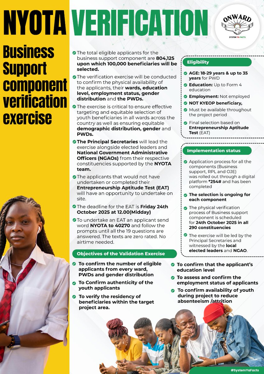 WilliamsMkenya's tweet image. The NYOTA energy is unmatched ⚡ Across 290 constituencies, young Kenyans are expanding youth opportunities and stepping boldly into enterprise. 100k will receive 50K for biz to ignite innovation and drive transformation nationwide. 🌍 #NYOTAVerification