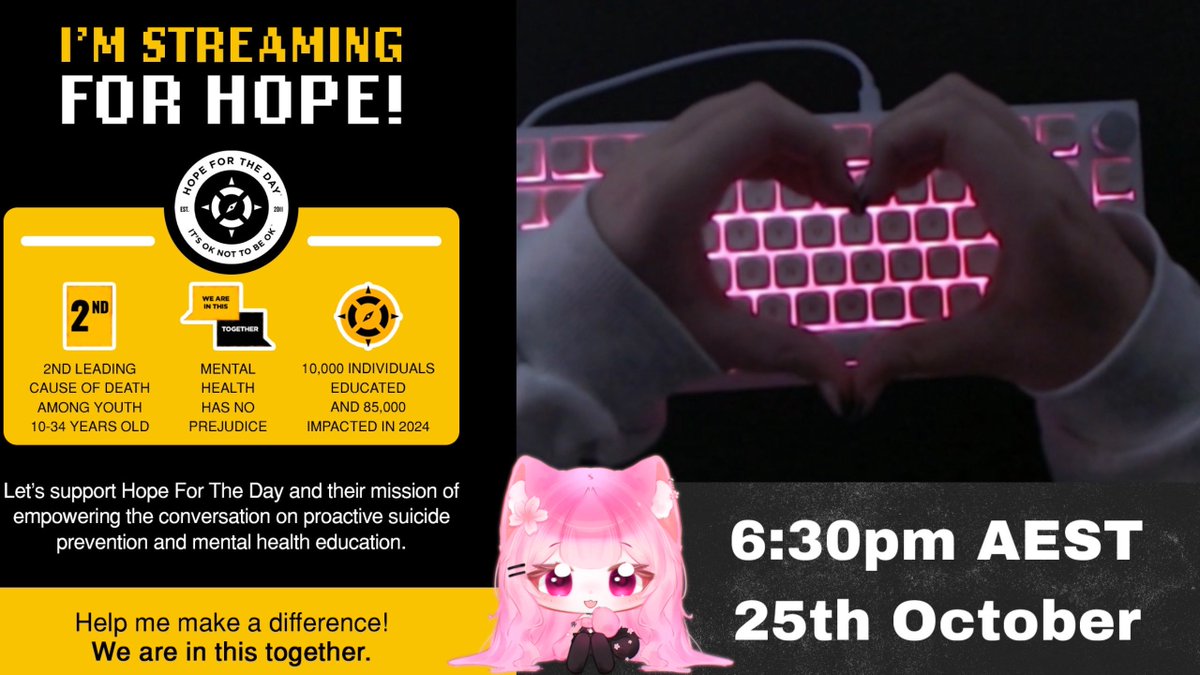 🌸 CHARITY STREAM 🌸

Every change starts with a conversation. 
Lets start that conversation. 

We will be raising money for <a href="/HopeForTheDay/">Hope For The Day</a> in support of proactive suicide prevention and mental health education!

📅: 25th October 6:30pm AEST
→ TWITCH.TV/NILAHMEOW

Cant wait