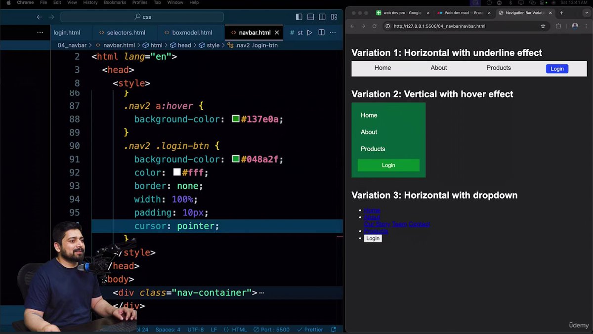 codeXninjaDev's tweet image. Day 13 of #WebDevTortoiseChallenge 🐢 by @ChaiCodeHQ @Hiteshdotcom  
Built Twitter-style navbars & dropdown menus! Learned position: relative + absolute for perfect dropdown placement & smooth hover interactions 💻🔥
#MasterJiChallenge #udemy #WebDevelopment #ChaiAurCode