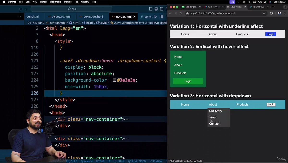 codeXninjaDev's tweet image. Day 13 of #WebDevTortoiseChallenge 🐢 by @ChaiCodeHQ @Hiteshdotcom  
Built Twitter-style navbars & dropdown menus! Learned position: relative + absolute for perfect dropdown placement & smooth hover interactions 💻🔥
#MasterJiChallenge #udemy #WebDevelopment #ChaiAurCode