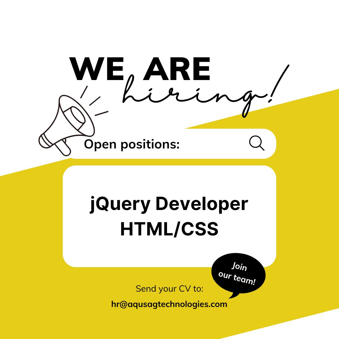 aqusag's tweet image. We’re #Hiring! 🚀
Looking for a talented jQuery Developer (HTML/CSS) to join our team.

💻 3+ yrs experience
🌐 Strong in DOM, AJAX &amp;amp; responsive design

🔗 aqusag.com/jobs/detail/jq…

Join AquSag Technologies and create powerful, interactive web experiences!

#Jobs #jQuery