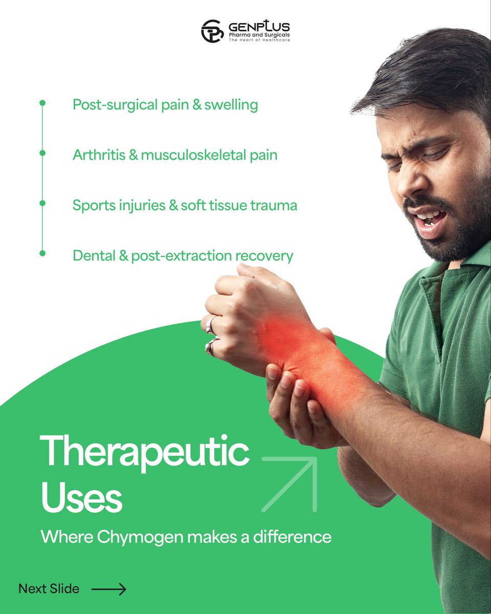 Genpluspharma's tweet photo. 💊 Chymogen – Trypsin, Chymotrypsin, Aceclofenac 100 mg &amp; Paracetamol 325 mg Tablets
⏱ Works within hours
🦵 Relieves swelling, pain &amp; inflammation
✅ Doctor-trusted enzyme + analgesic combo

#Chymogen #GenplusPharma #PCDPharma #PCDPharmaFranchise #PainRelief #EnzymeTherapy https://t.co/8ZvAuVdoOm