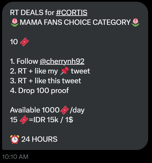 fairyjjuhoon's tweet photo. RT DEALS for #CORTIS 🧚‍♂️🌸🍀
🌷MAMA FANS CHOICE CATEGORY🌷  
10 🎟  
1. Follow @cherrynh92 
2. RT + like my 📌 tweet 
3. RT + like this tweet 
4. Drop 100 proof
⏰24 HOURS

Available 1000🎟/day 
15 🎟=IDR 15k/1$

#MARTIN #JAMES #JUHOON #SEONGHYEON #KEONHO https://t.co/uof00FhhyW