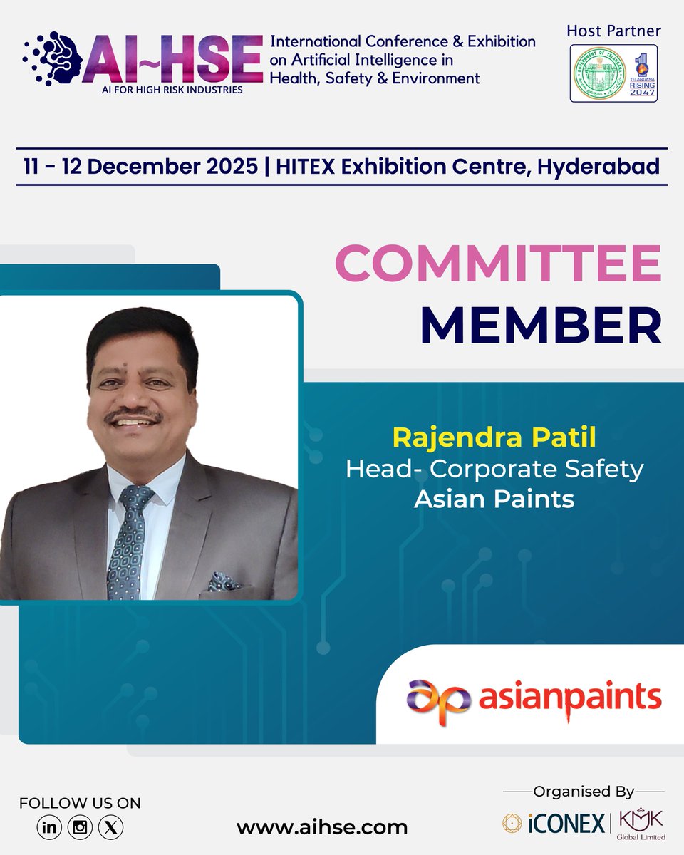 ai_hse_'s tweet photo. We are delighted to welcome Rajendra Patil, Head - Corporate Safety at @asianpaints, as a Committee Member for #AIHSE2025

🗓️11-12 December 2025
📍HITEX Exhibition Centre, Hyderabad

🔗https://t.co/tTM0qLvrHC

#AI #HSE #CommitteeMember #Health #Safety #environment #Conference https://t.co/SIHRijPDH1